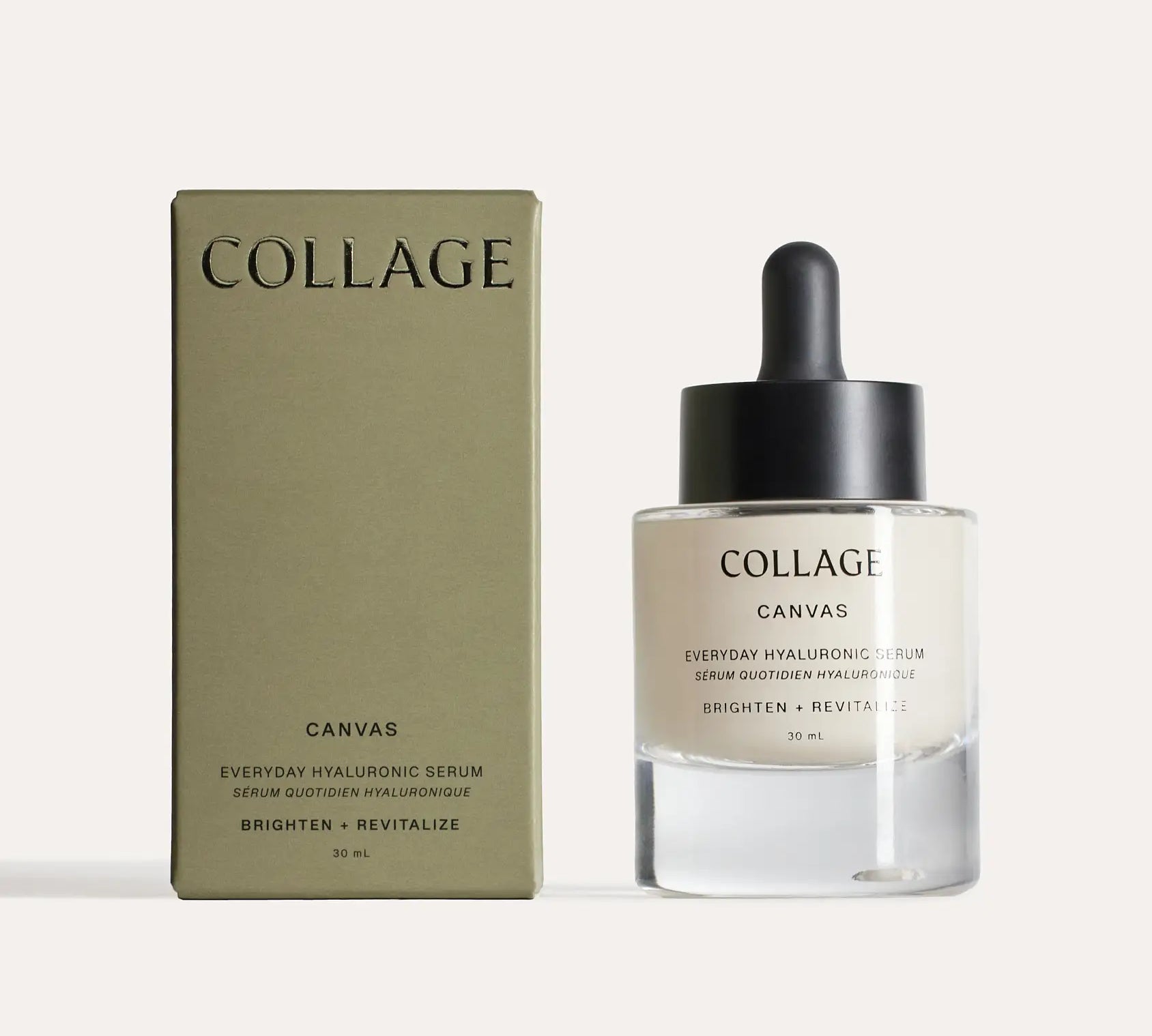 A glass bottle of Canvas Serum by COLLAGE Beauty, next to its packaging box.