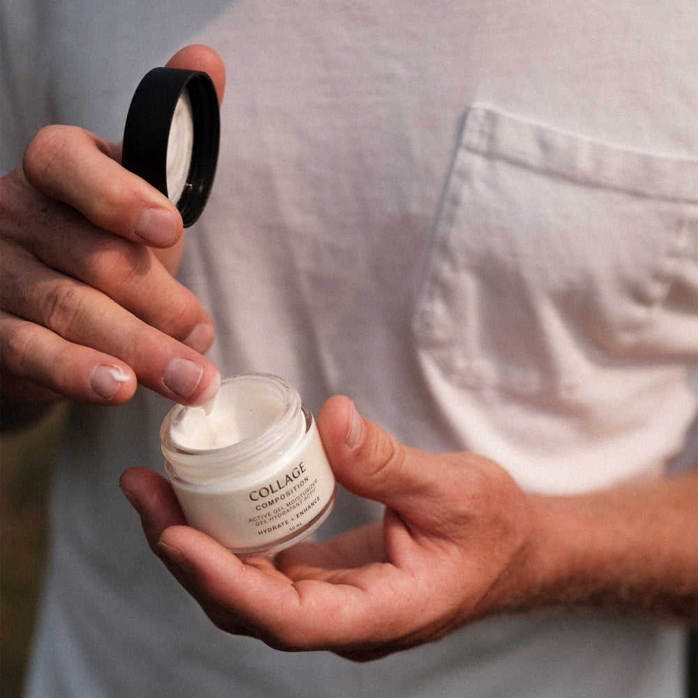 Person holding a jar of collage skincare with a focus on the product