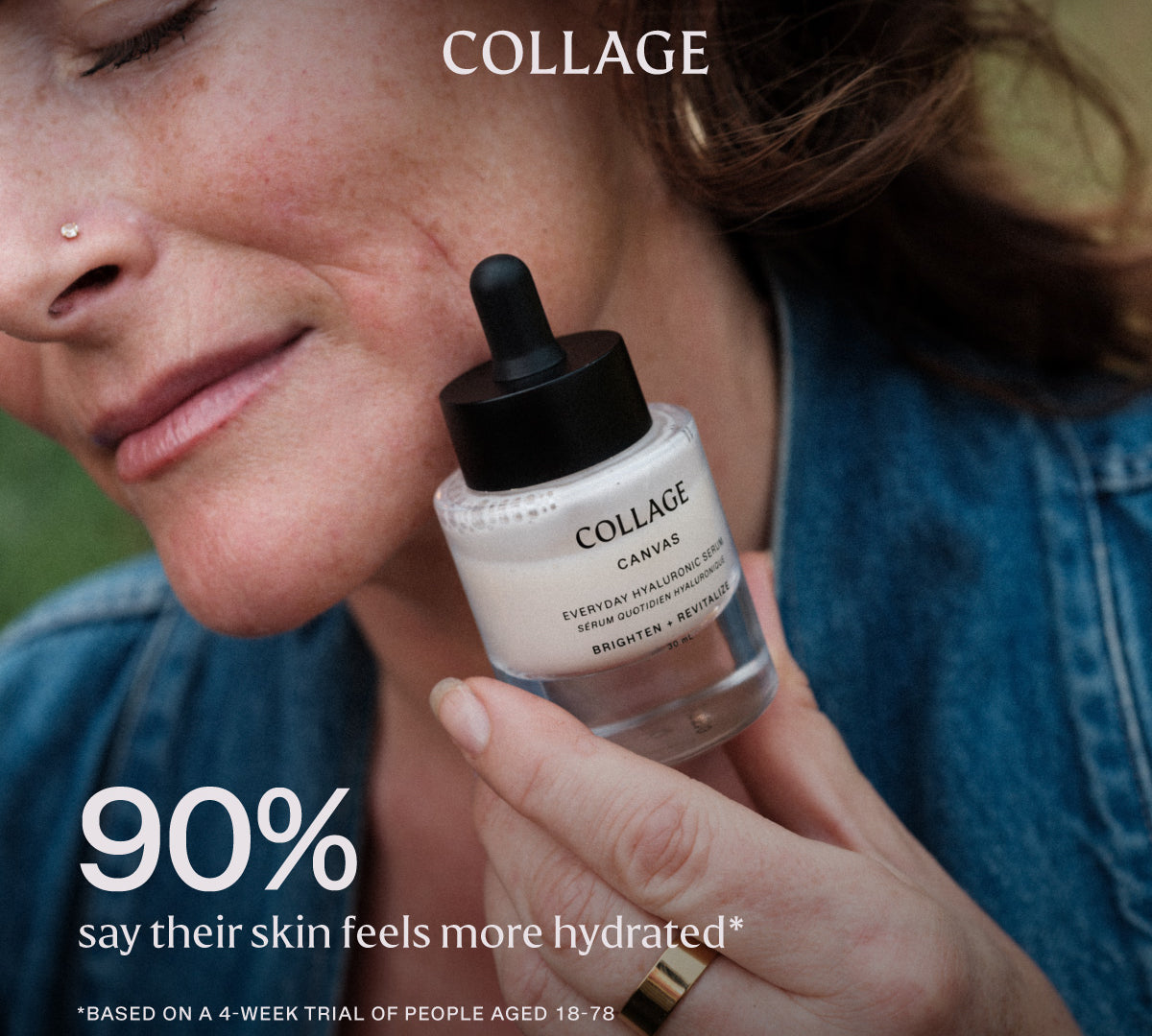 Person holding a bottle of Collage skincare product with text about skin hydration and user testing, over a 4 week trial period