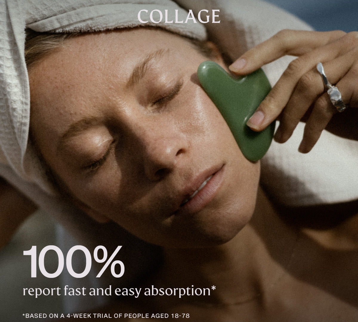 Woman applying a green facial roller to her face with text about product absorption, user testing and real results. Made in Canada