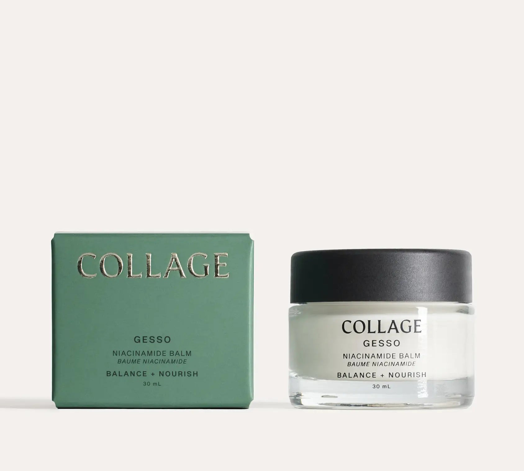 A glass jar of Collage Gesso Balm next to its packaging box. The jar is clear with a black lid, and the box is green with the brand name 'Collage' written on it. With niacinamide, this product,  brightens and strengthen the skin barrier, boost shydration, and brighten skin tone, seals in moisture and provides a smooth, radiant complexion