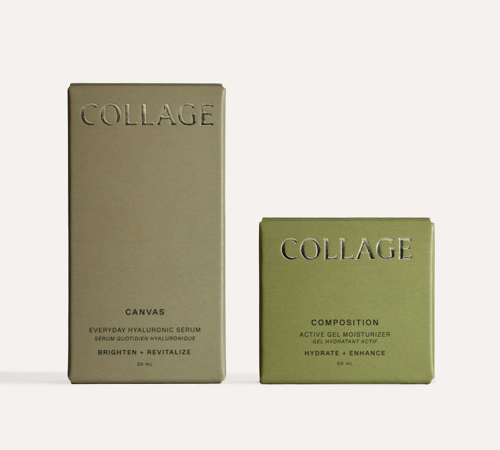 Perfect for a morning routine. Two adaptable skincare products from Collage Skincare System, including  Canvas serum, Compostion gel moisturizer, and Gesso balm, with niacinamide, displayed in green, beige, and brown packaging. Good for sensitive skin.