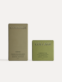 Perfect for a morning routine. Two adaptable skincare products from Collage Skincare System, including  Canvas serum, Compostion gel moisturizer, and Gesso balm, with niacinamide, displayed in green, beige, and brown packaging. Good for sensitive skin.