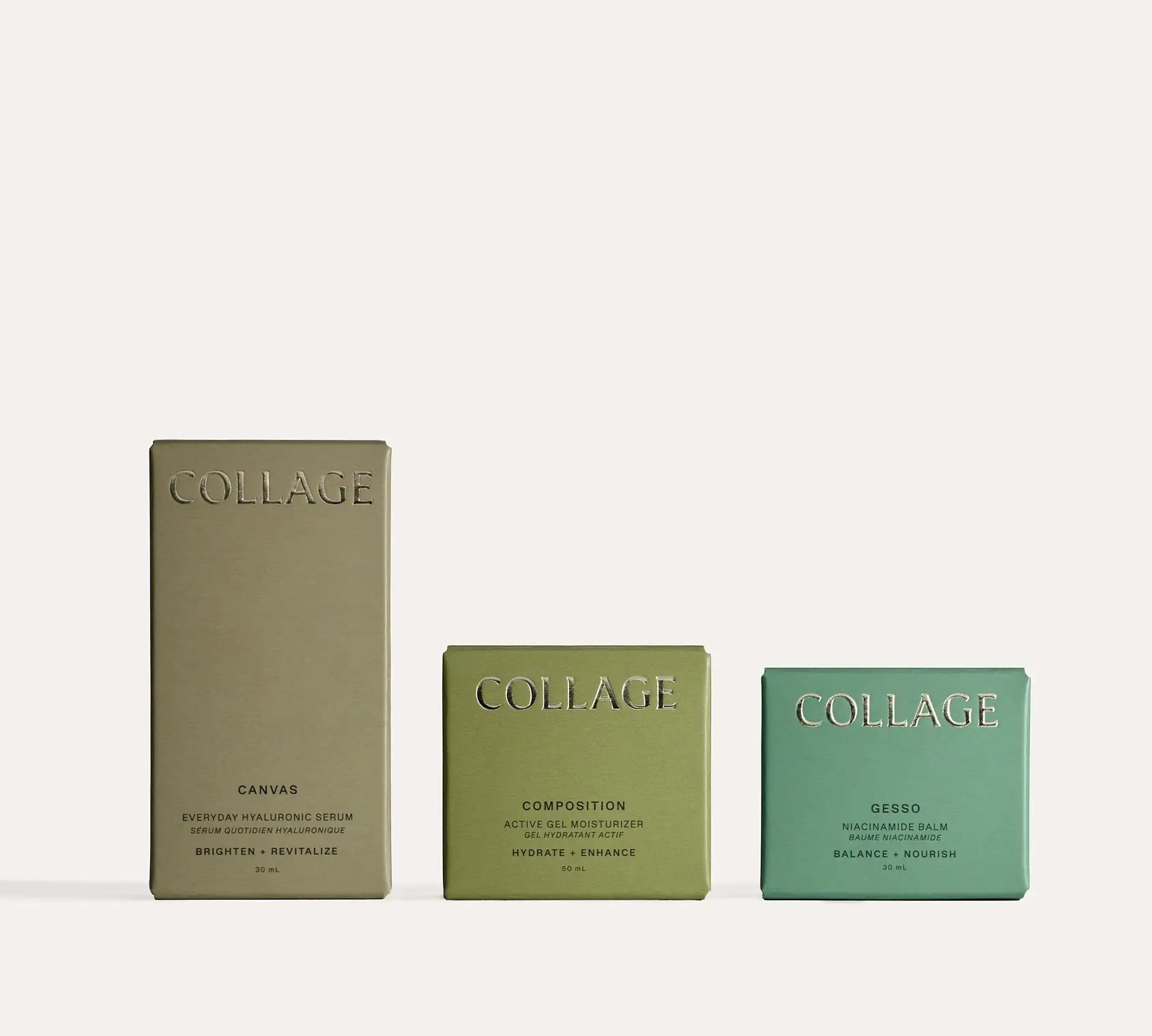Simple to use. Three adaptable skincare products from Collage Skincare System, including a serum, gel moisturizer, and balm, displayed in green, beige, and brown packaging. Good for sensitive skin and gender inclusive. Made in Canada. Salicylic acid from white willow bark supports gentle daily renewal to improve texture and clarity.