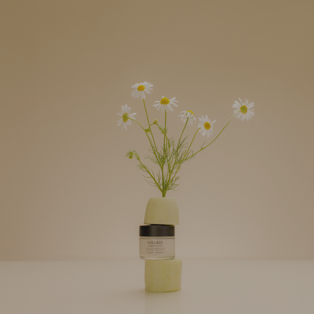 Vase with flowers and Collage skincare on a beige background