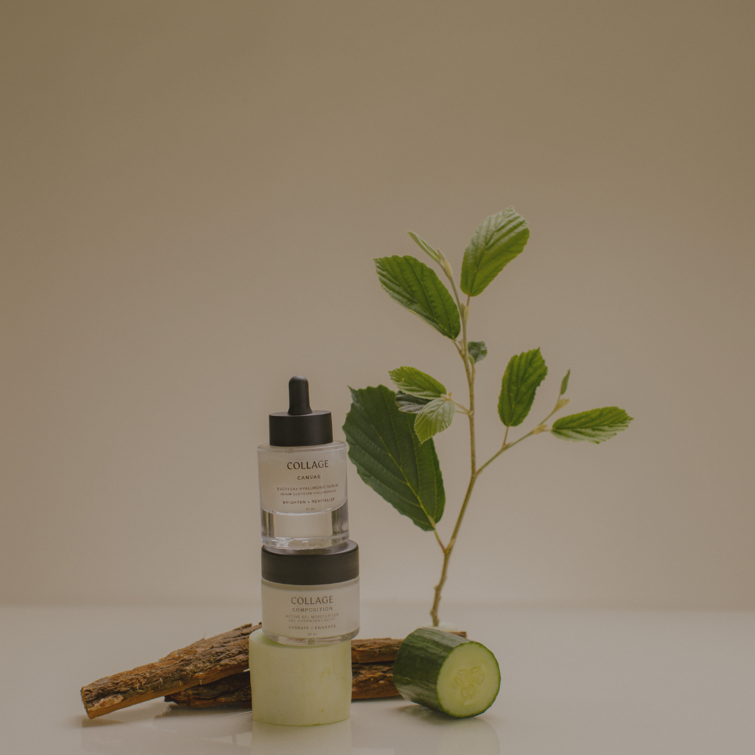 Collage skincare products with a plant on a neutral background