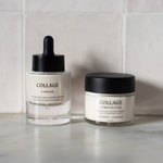Two skincare products from Collage on a light surface with a tiled wall background